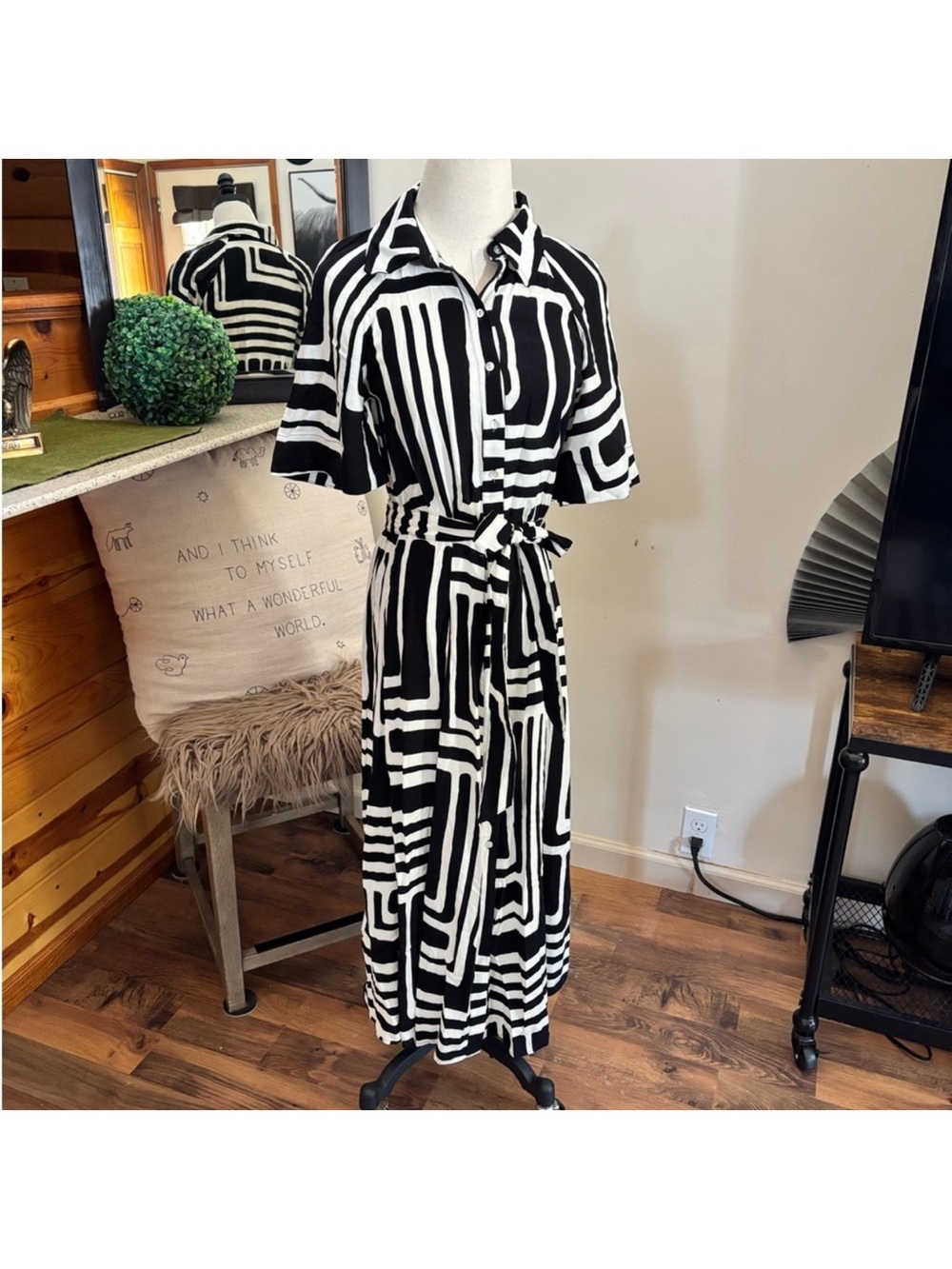 H&M Black & White Geometric Maxi Shirt Dress with Tie Waist